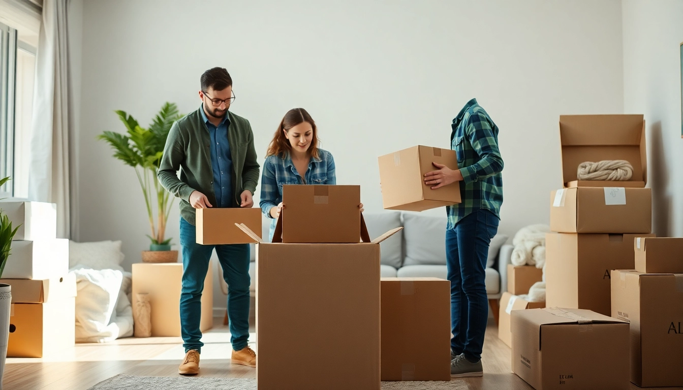 Professional Packing Services team efficiently packing boxes in a bright home, ensuring safety and care.