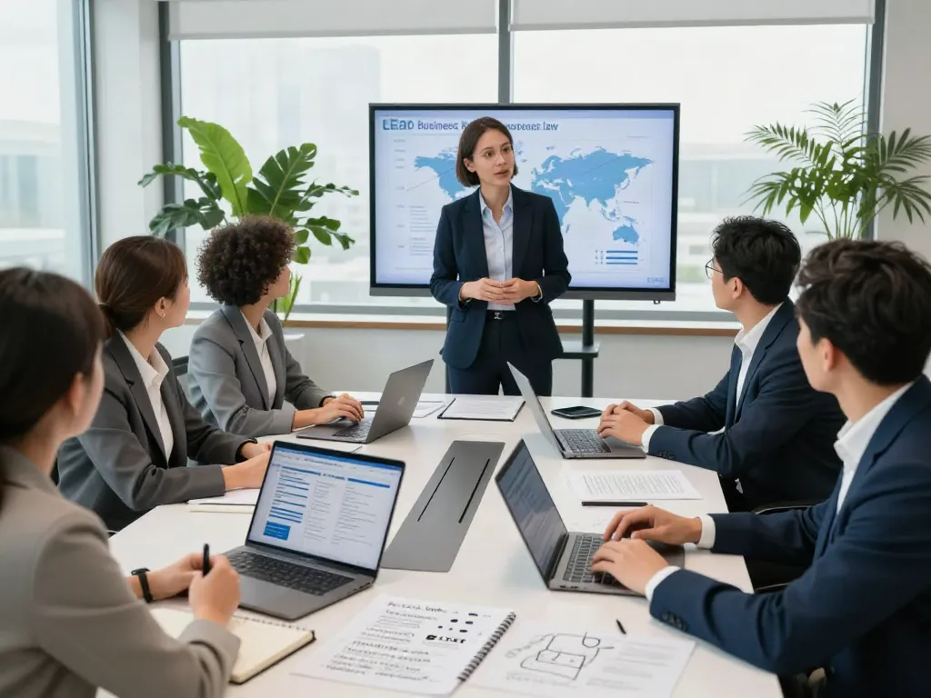 Lead Roedl consulting team collaborating in a modern office setting, focusing on international business law strategies.