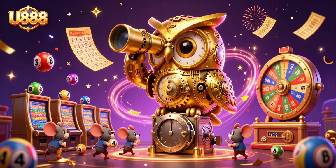 Experience the excitement of U888 as the golden owl oversees a bustling casino floor filled with vibrant lottery elements.