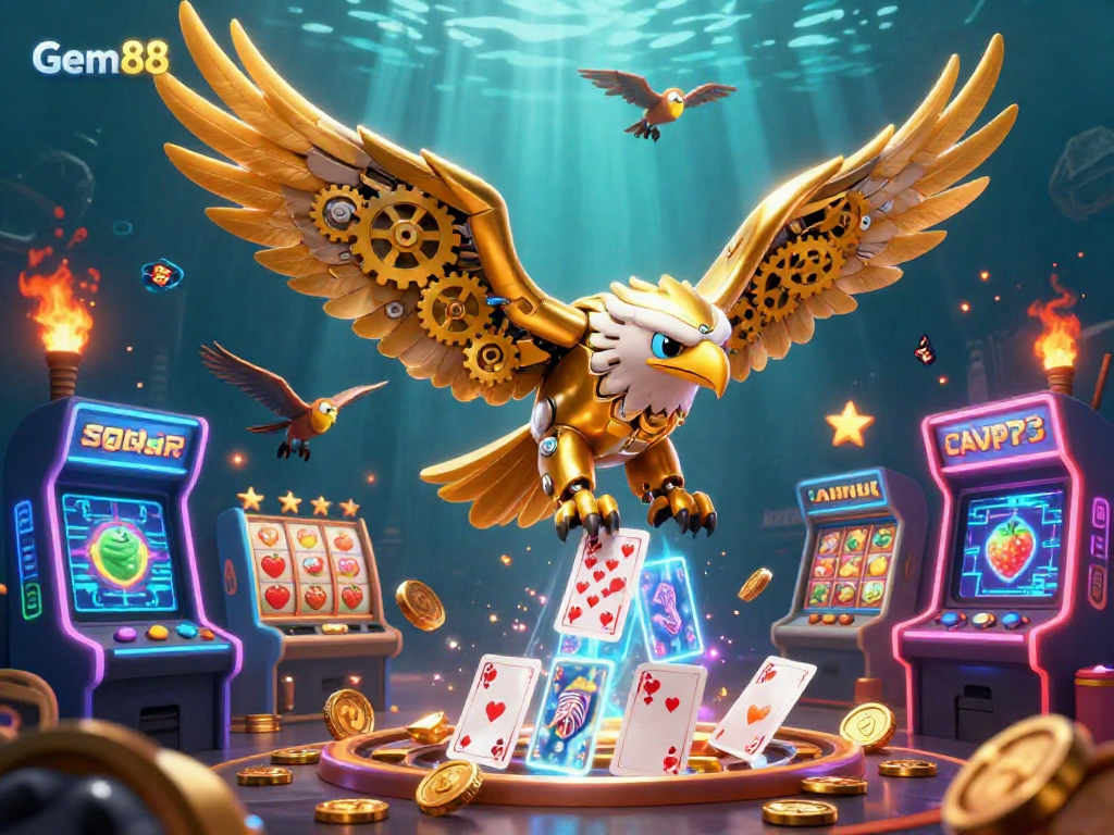 Engage with Gem88's thrilling casino experience, featuring a golden eagle and vibrant slot symbols.