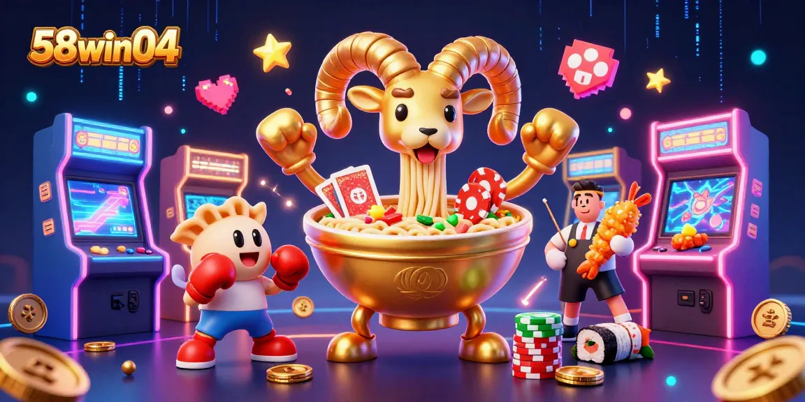 Engage with 58win04's lively casino scene featuring a golden ramen bowl dealer and vibrant arcade elements.