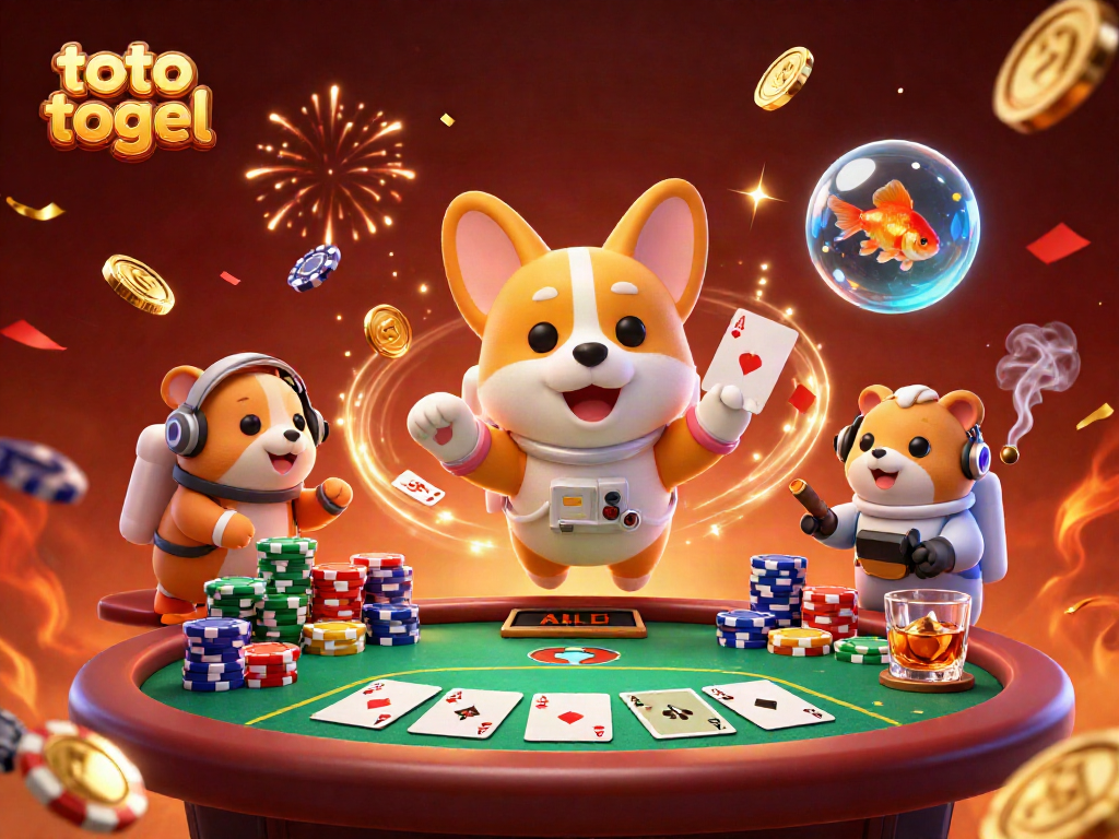 Engage in thrilling toto togel action with animated characters in a vibrant casino space scene.