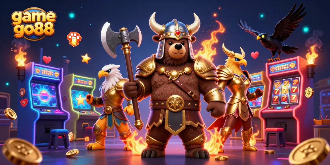 Experience the dynamic game go88 scene with Viking and Valkyrie amidst vibrant slot elements.