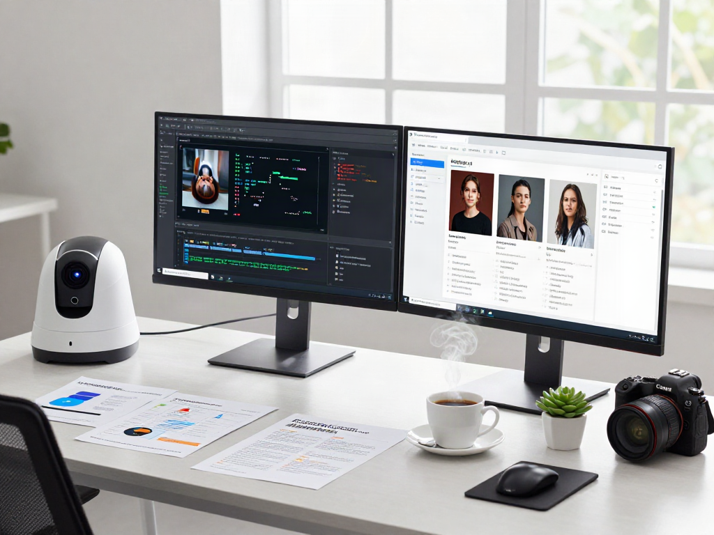 Data scientist analyzing AI Detector technology on dual monitors, with algorithms and dashboards in a bright workspace.