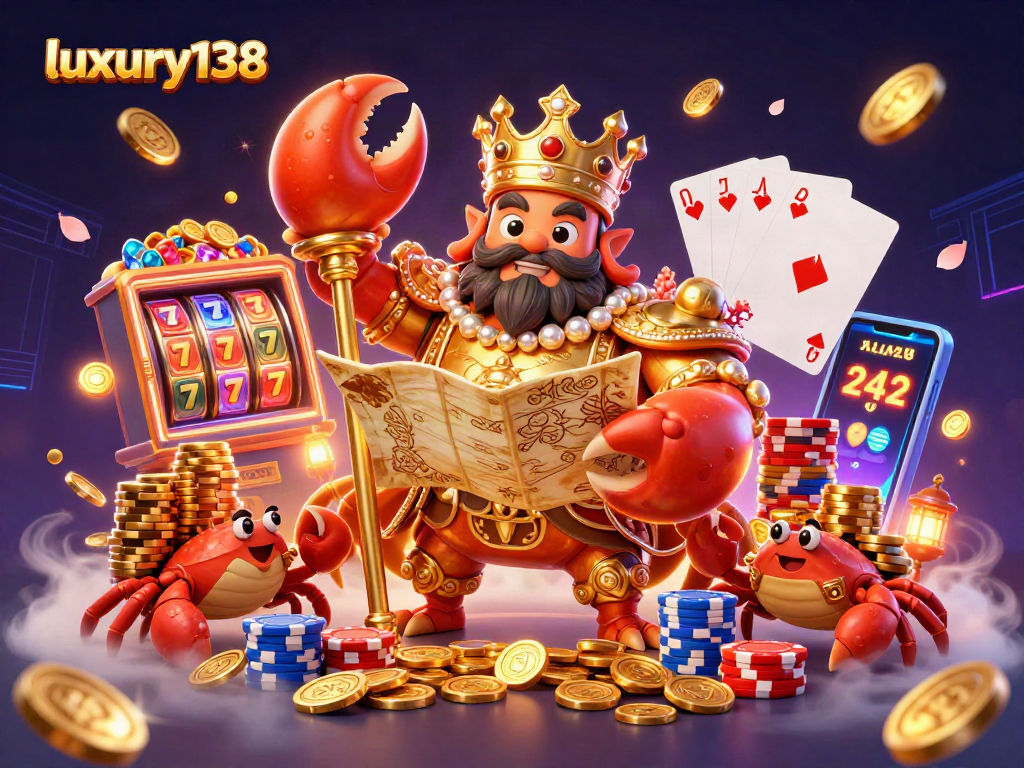 Luxury138 hadir dalam ilustrasi 3D menggambarkan keceriaan kasino dengan simbol keberuntungan dan permainan yang memikat.
