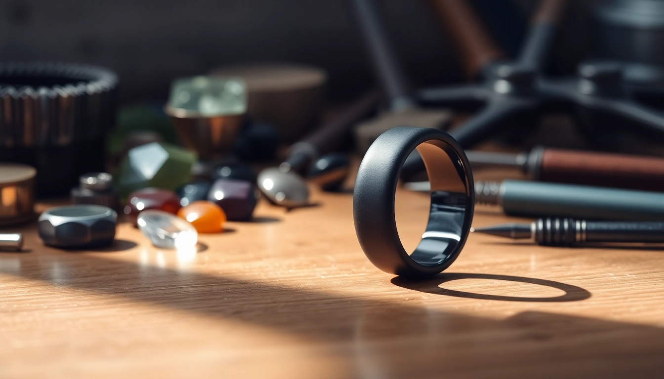 Showcasing a stylish Black Zirconium Ring on polished wood, emphasizing its unique design and finish.