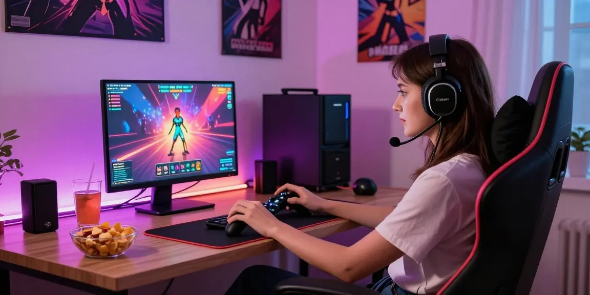 Engaging scene of a woman playing sex games online in a cozy gaming setup.