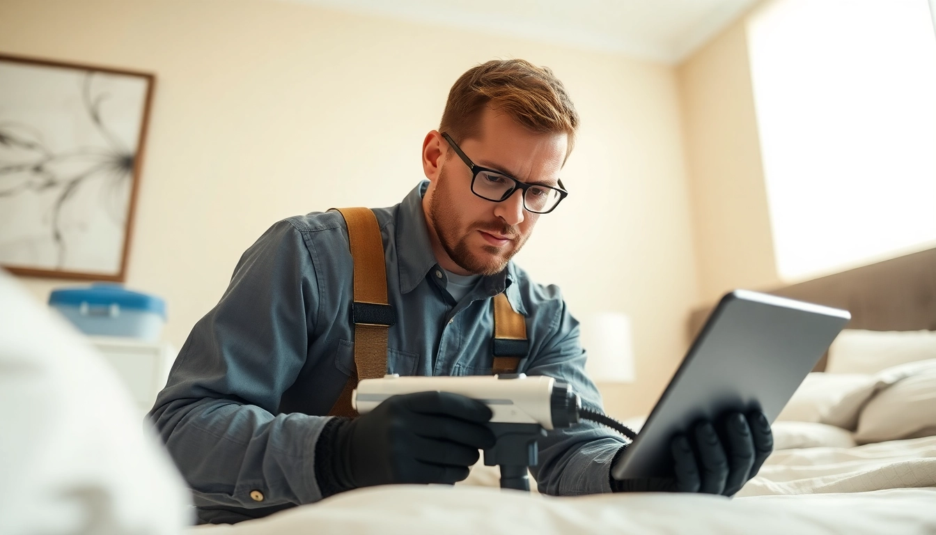 Technician performing effective bed bug removal inspection in a clean bedroom