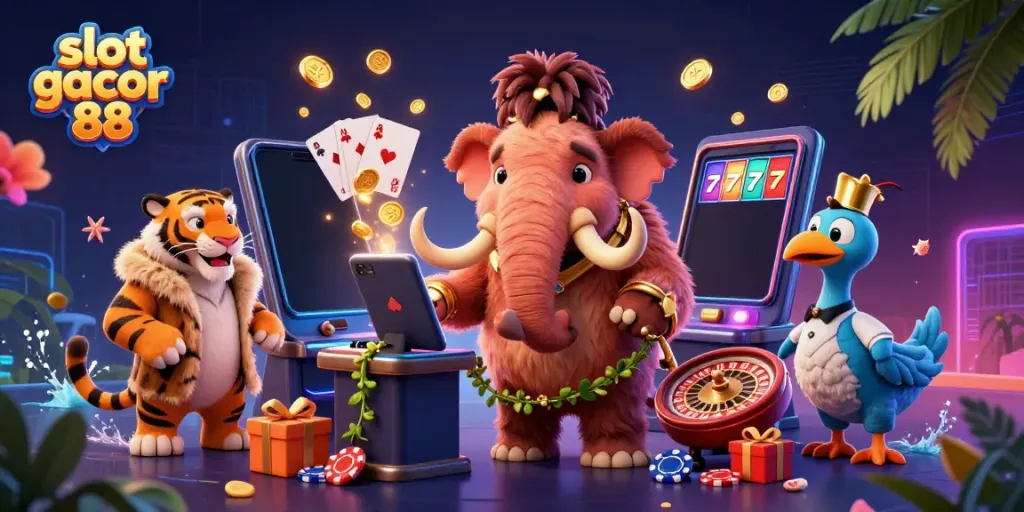 Engage with slot gacor 88 through a lively scene featuring vivid casino characters.