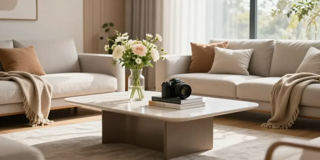 Home The Spruce showcases a stylish modern living room with a charming sofa table and cozy decor elements.