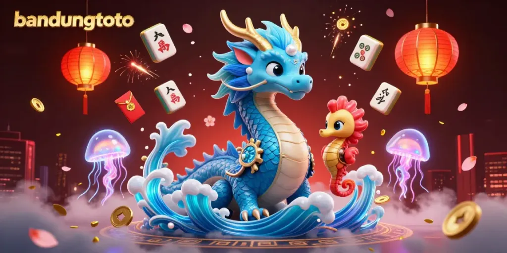Engage in gaming excitement with bandungtoto, a vibrant 3D illustration of a mythical dragon, seahorse knight, and jellyfish.