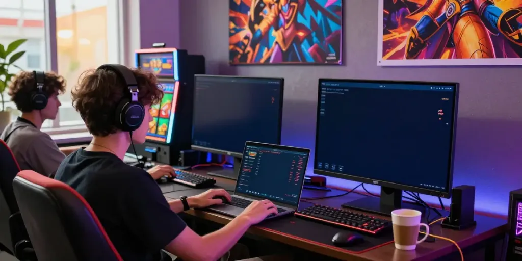 Engaging the ทดลองสล็อต experience with players immersed in vibrant online gaming.