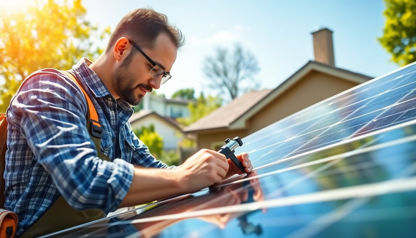 Technician repairing solar panels for a solar repair company New Jersey in a residential setting.
