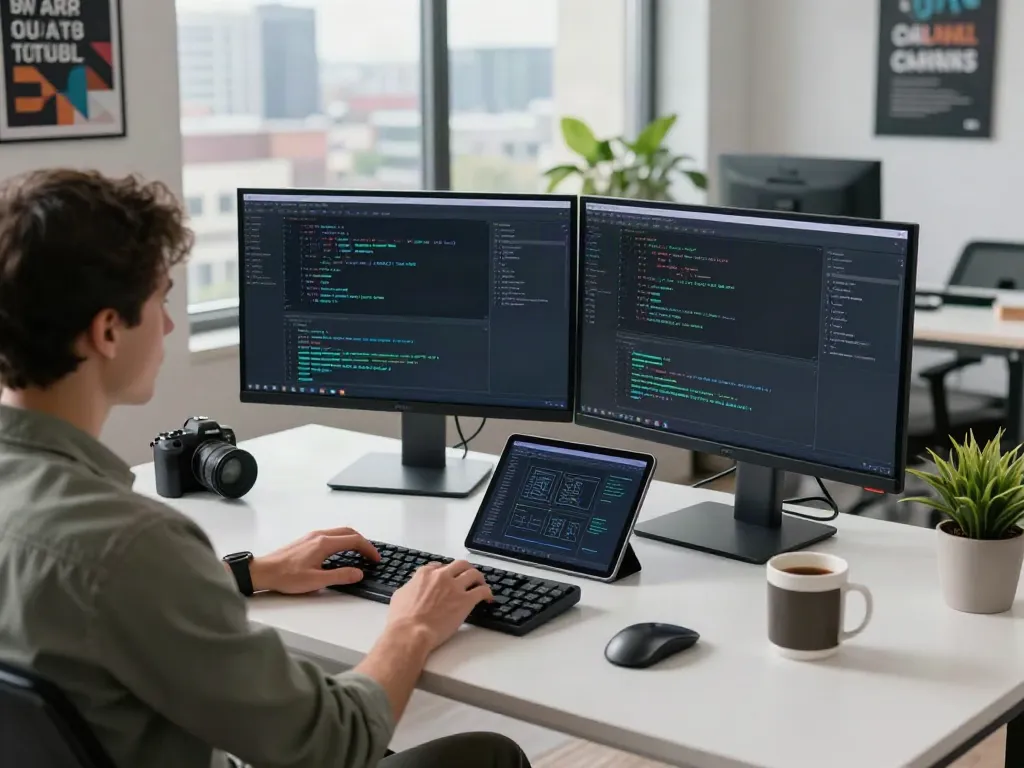Dynamic tech workspace scene with a developer coding at a minimalist desk, showcasing v2rayN官网.