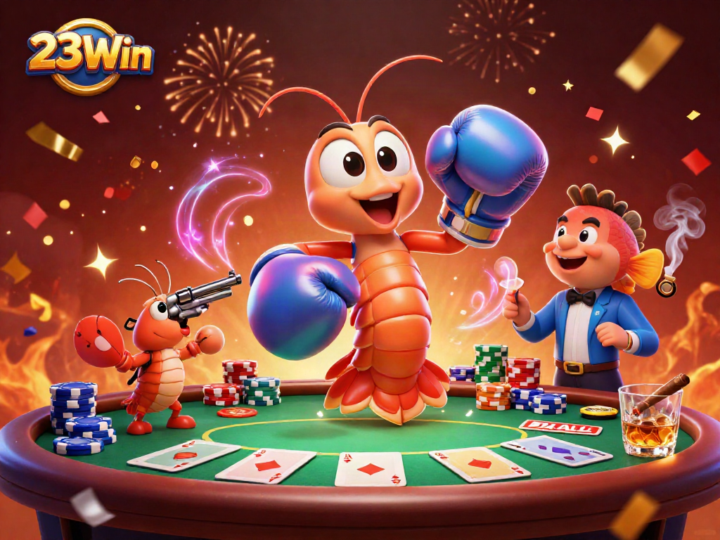 Engage in thrilling poker action with 23Win, featuring colorful chips and dynamic characters.