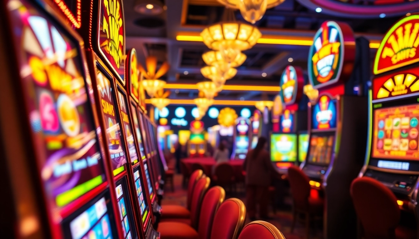 Experience the thrill of slot gambling with colorful machines in a lively casino.