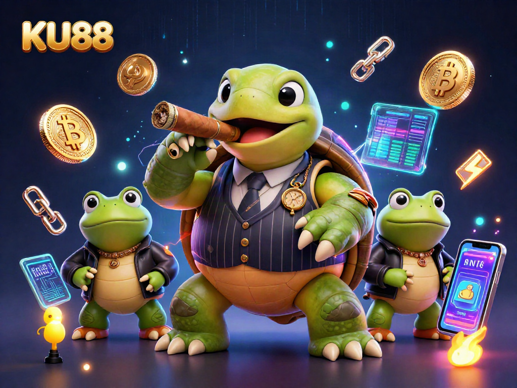Experience the thrill of KU88 gaming with a dynamic illustration featuring a snapping turtle mobster and bullfrogs
