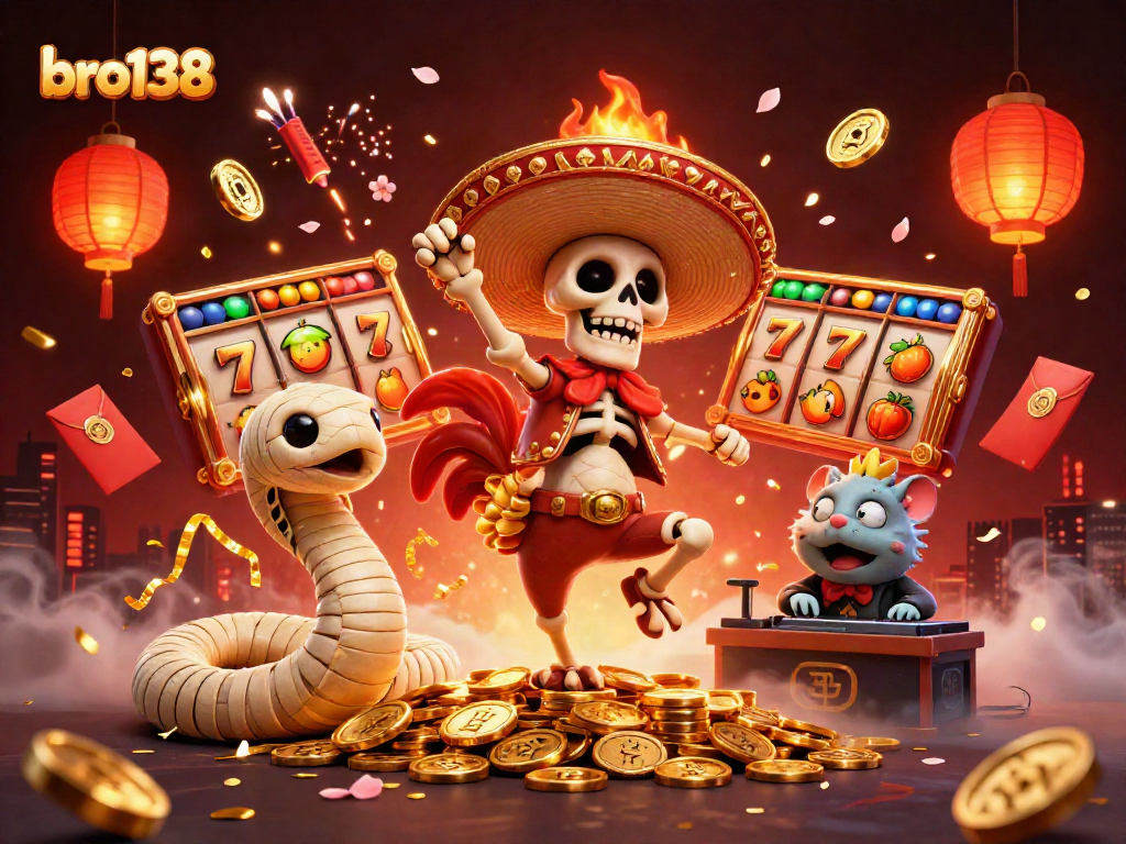 Bro138 celebrates big wins with lively 3D characters and casino symbols in a vibrant setting.