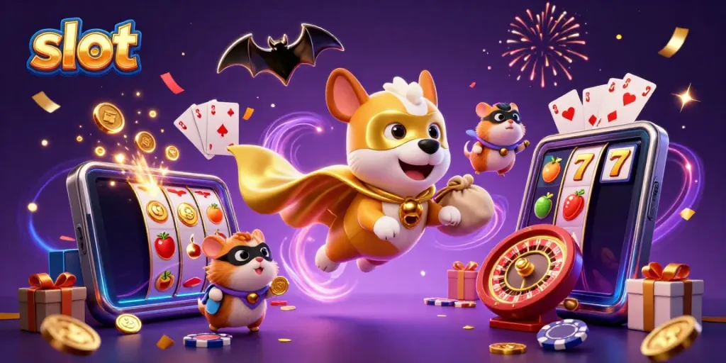 Anjing superhero dan hamster beraksi di permainan slot, koin emas berhamburan dalam festival kasino.