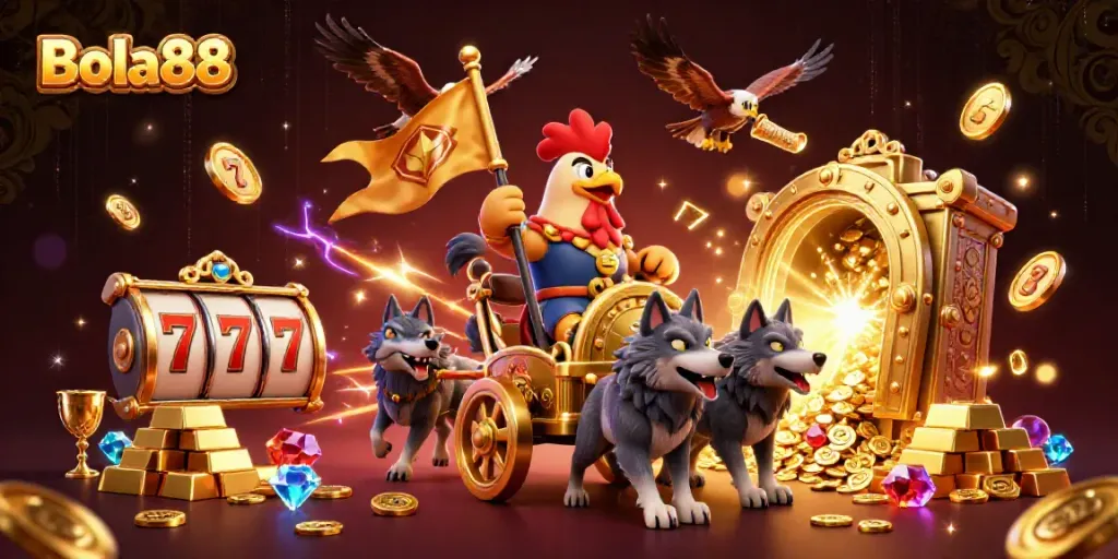 Bola88's vibrant online casino scene showcasing dynamic characters amidst golden treasures and slot elements.
