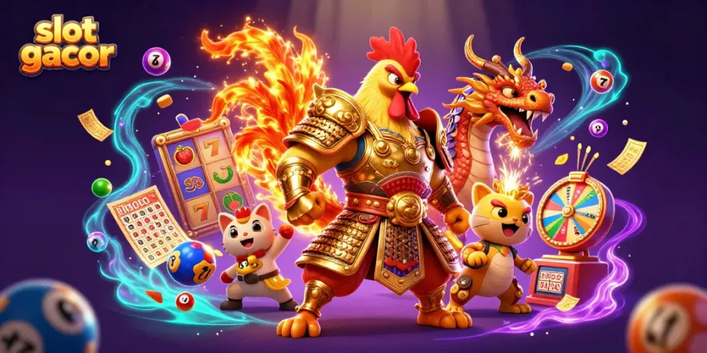 Memenangkan slot gacor dengan ilustrasi kasino 3D berwarna-warni yang menarik.