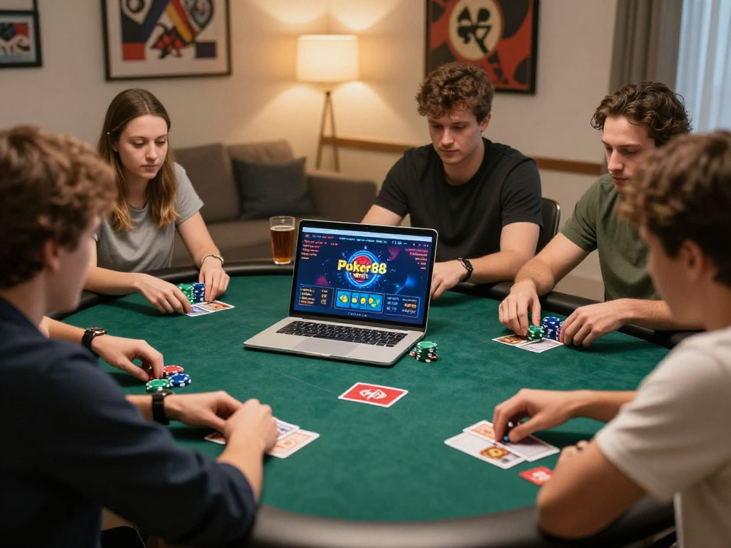 Engaging Poker88 online gaming scene with players at a dynamic virtual poker table showcasing diverse participants and competitive energy.