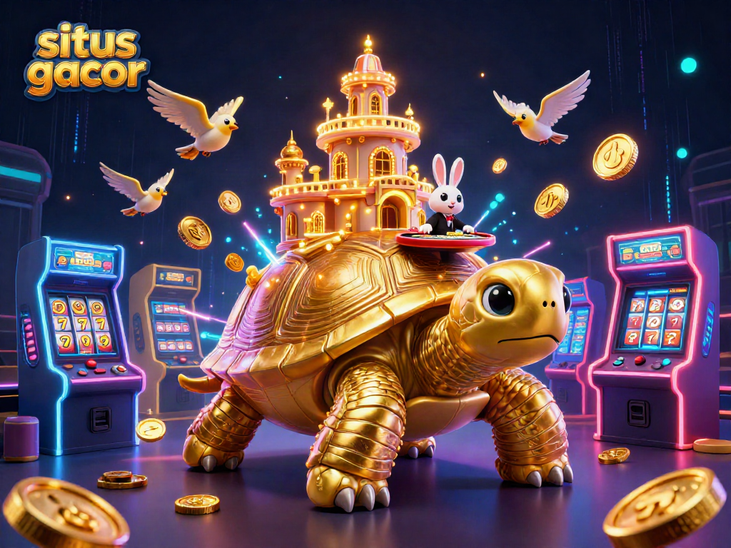 Experience situs gacor thrilling moments with a vivid scene of a golden tortoise casino topped with vibrant game machines.