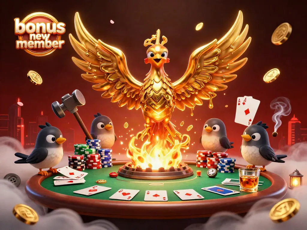 Experience the thrill of a bonus new member offer with golden phoenix and poker elements in a vibrant casino scene.
