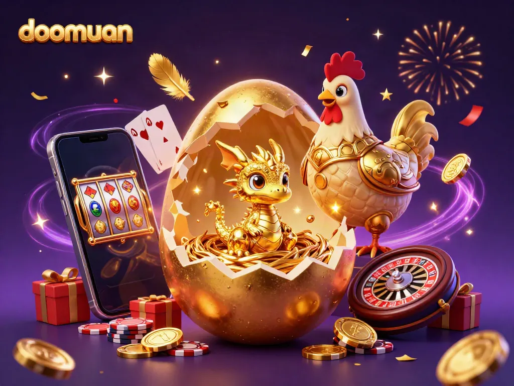 Watch the doomuan dragon emerge from a golden egg atop poker chips, surrounded by vibrant casino elements.