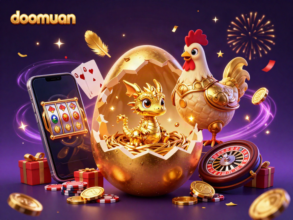 Watch the doomuan dragon emerge from a golden egg atop poker chips, surrounded by vibrant casino elements.