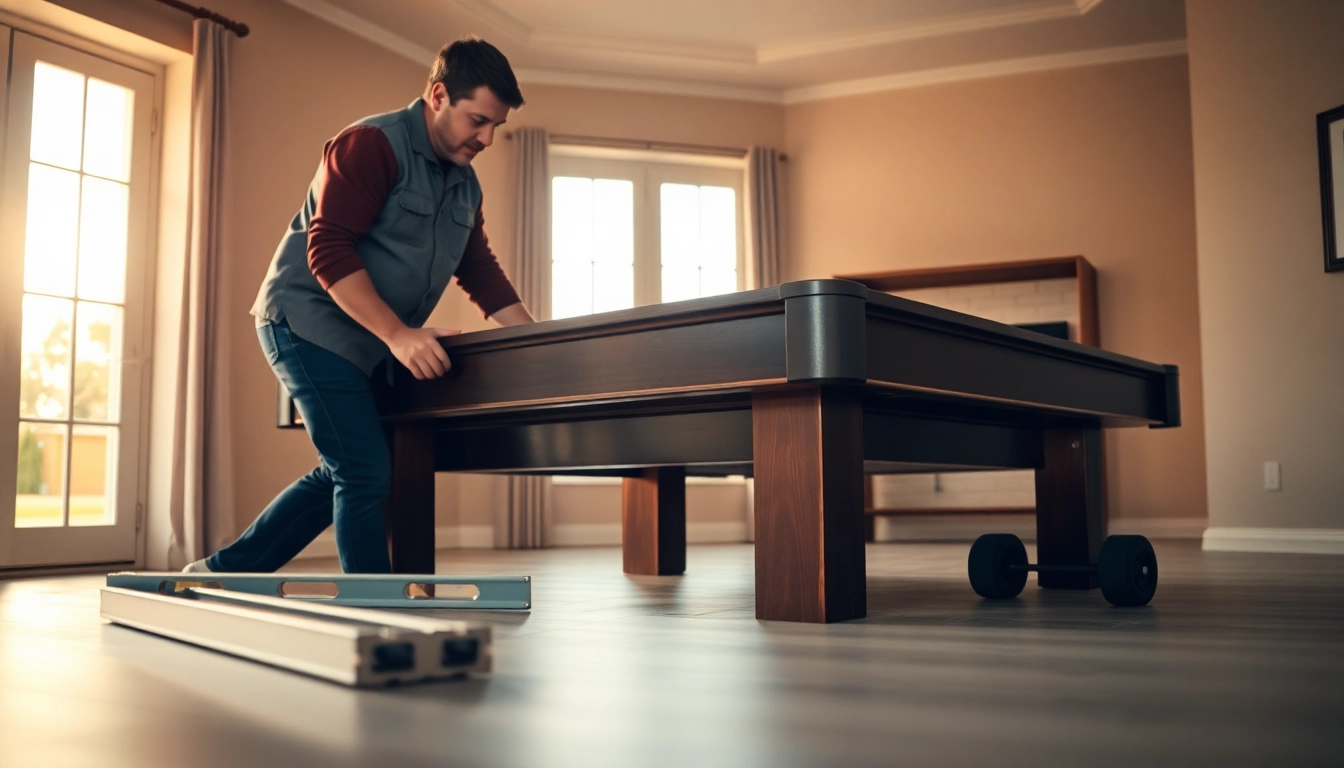 Pool table mover carefully disassembling a slate pool table with professional tools in a well-lit room.