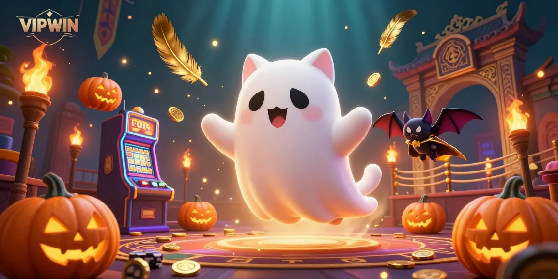 Experience the thrill of VIPWIN with a ghost cat and vampire bat in an exciting casino scene filled with vibrant graphics.