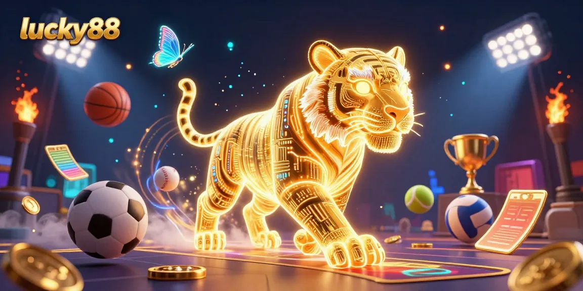 Place bets at lucky88 with a 3D animated golden tiger in a digital casino landscape full of sports and prizes.