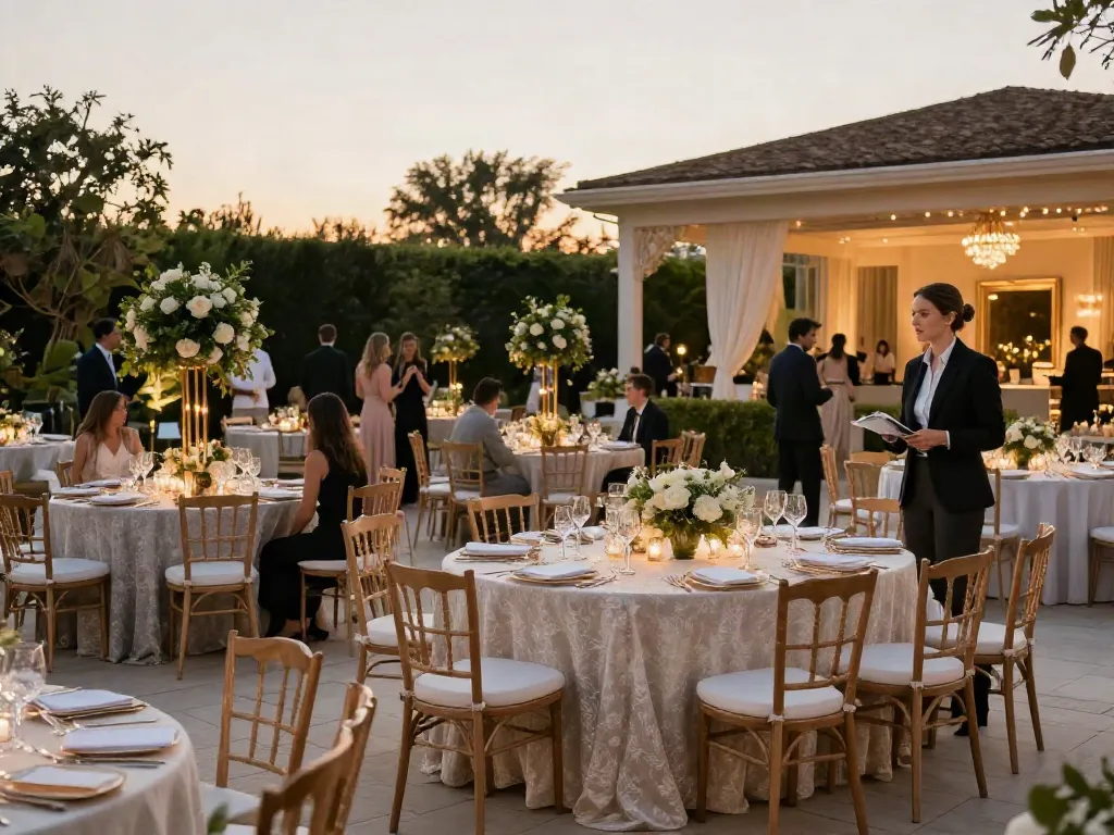 Event furniture rental showcasing elegant tables and chairs in a sophisticated outdoor venue setup.
