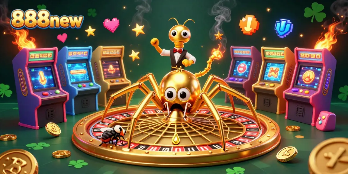 Experience the thrill of 888new with our vibrant 3D casino scene, featuring a spider and interactive gaming elements.