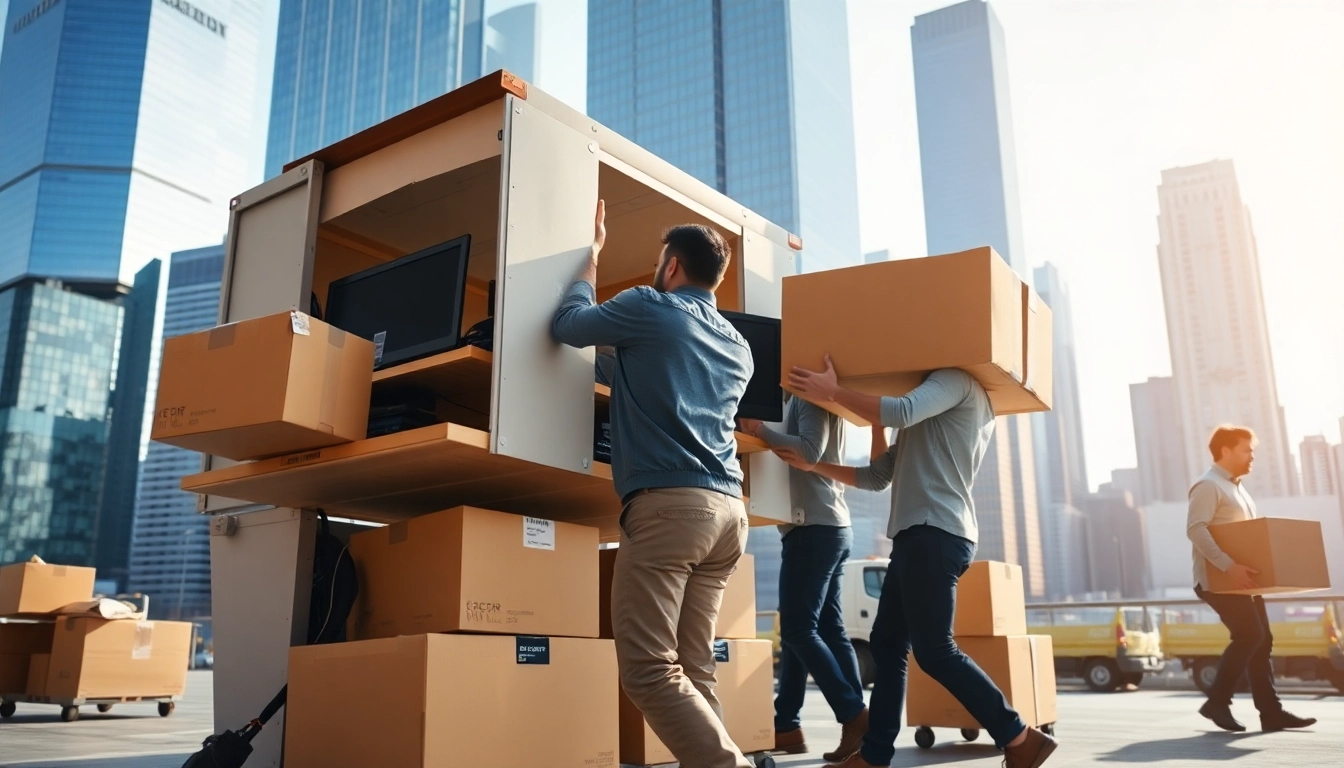 Efficient team delivering Office Moving Services NYC in a bustling city backdrop.