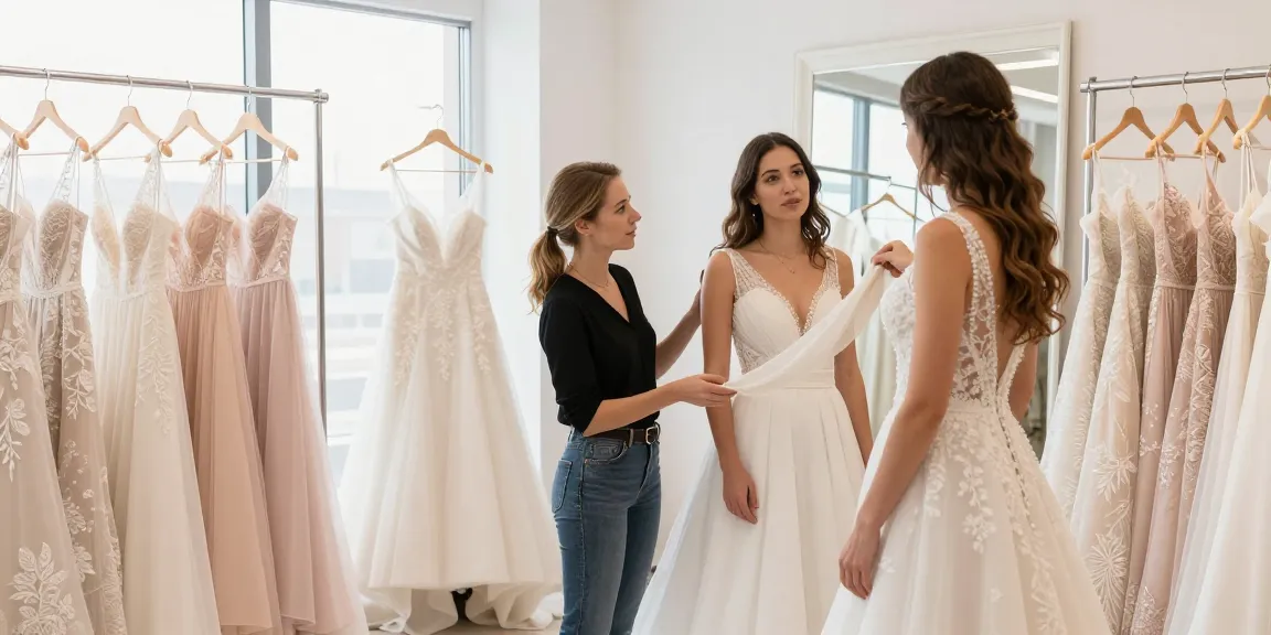 Consulenza di bridal styling per una sposa, con stilista e abiti esposti nello studio luminoso.