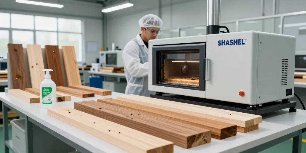 SHASHEL® microwave equipment effectively treating wood for insect elimination.