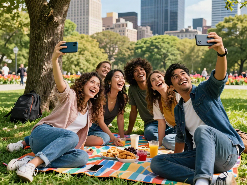 Capture joyful friends in urban park exploring how old do I look through selfies and laughter