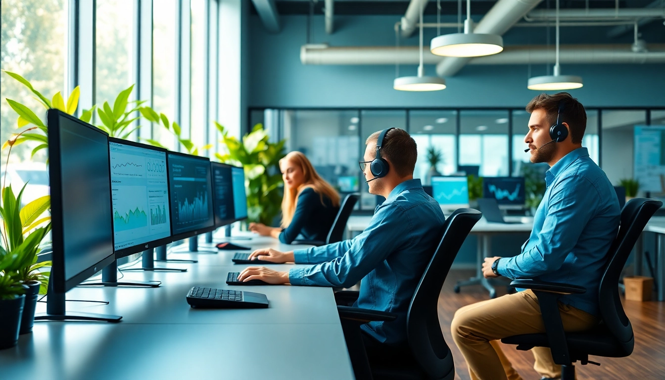 IT support businesses collaborating in a dynamic office space with multiple screens.