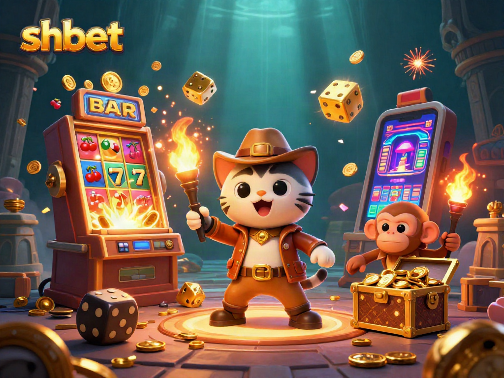 Engage in thrilling gaming with shbet and uncover treasures in a dynamic casino-themed illustration.