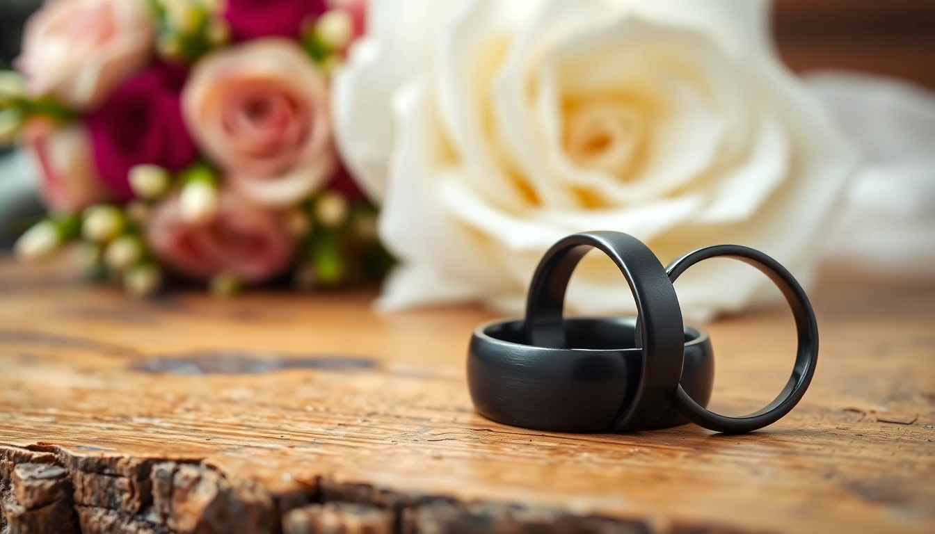 Showcasing Black Zirconium Rings with sleek designs displayed on rustic wood, emphasizing elegance.
