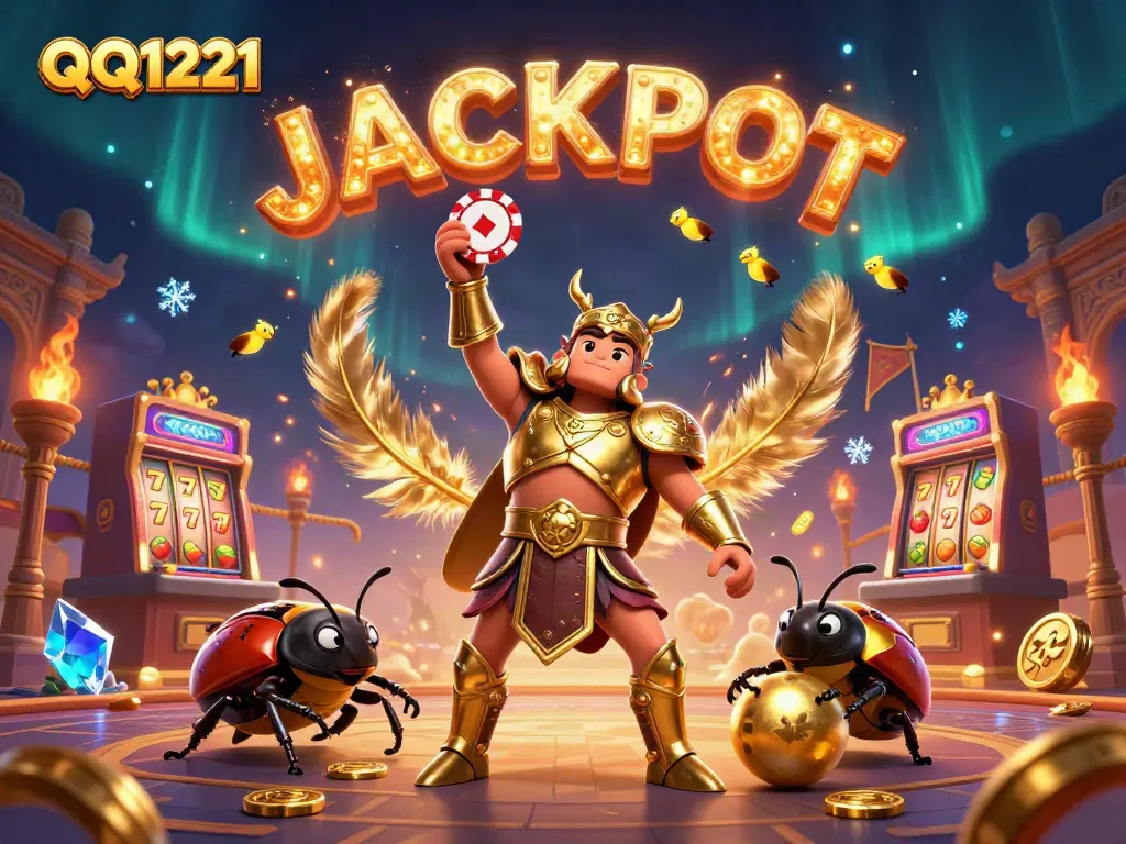 Engage in the QQ1221 casino experience with a heroic beetle and vibrant jackpot atmosphere.