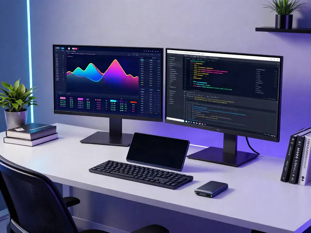 Low latency market data API displayed in a responsive trading interface with dual monitors in a modern fintech workspace.