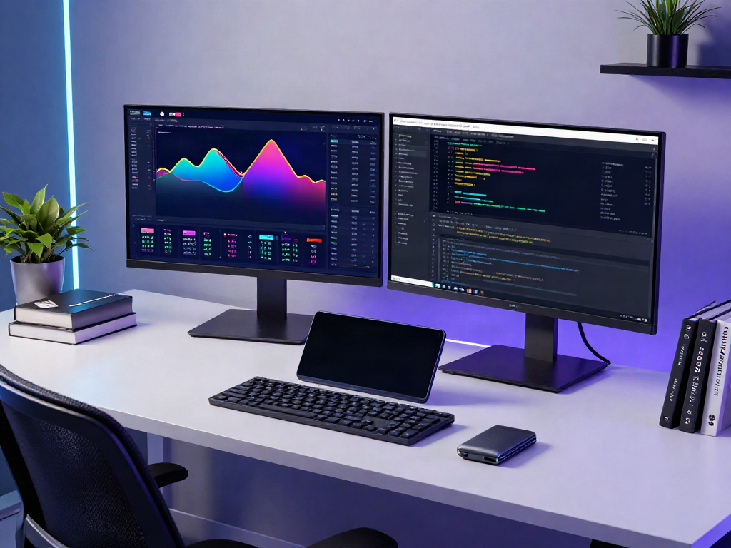 Low latency market data API displayed in a responsive trading interface with dual monitors in a modern fintech workspace.