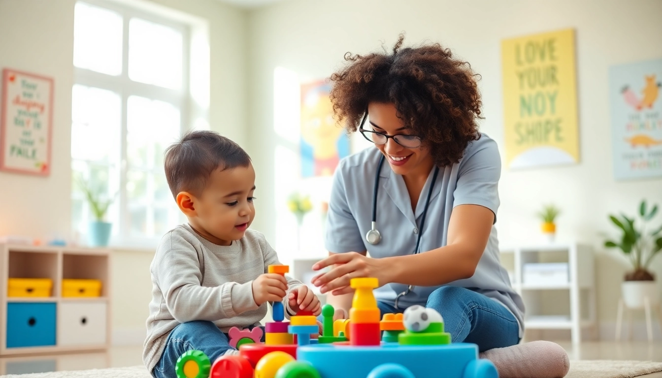 Engaging ABA therapy in Novi with a child and therapist in a colorful, bright environment.