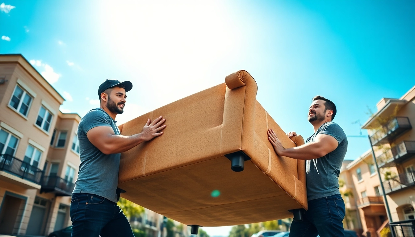 2 jacked guyz moving heavy furniture with expertise and care in a bustling urban environment.