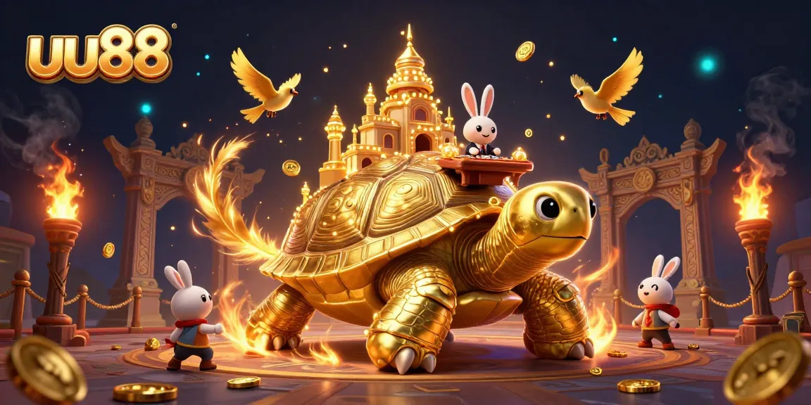 Experience thrilling gameplay at uu88 with a giant tortoise casino, rabbit dealer, and golden coins flying.