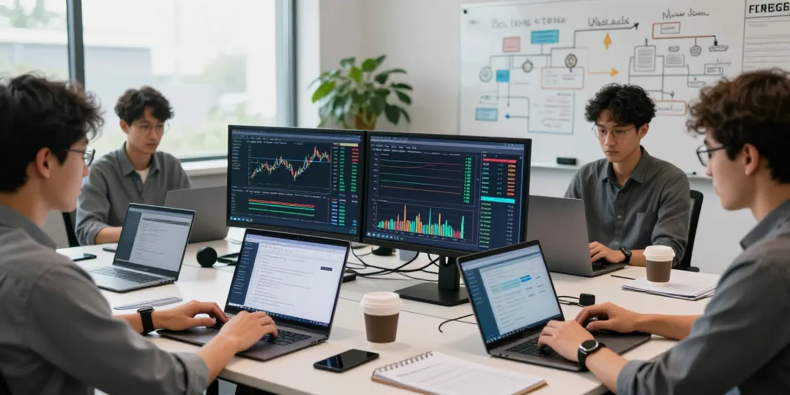 Developers utilizing a low latency tick data API in a modern fintech workspace, showcasing collaborative coding and real-time analytics.