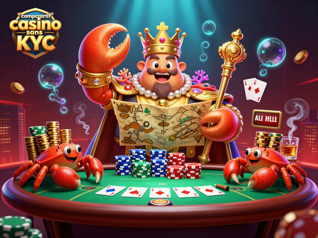 Comparatif casino sans KYC : illustration 3D d'un crabe empereur tenant une carte au trésor et un sceptre.